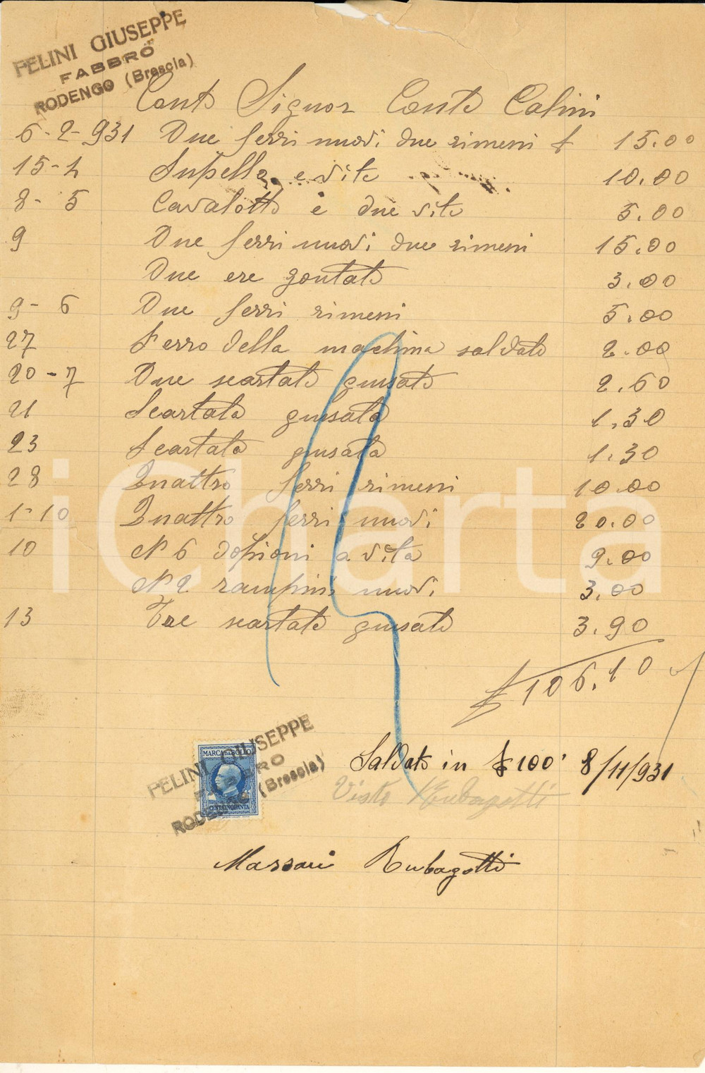 Documento originale, autentico 1931 RODENGO SAIANO BS Giuseppe PELINI fabbro  Conto manoscritto 1