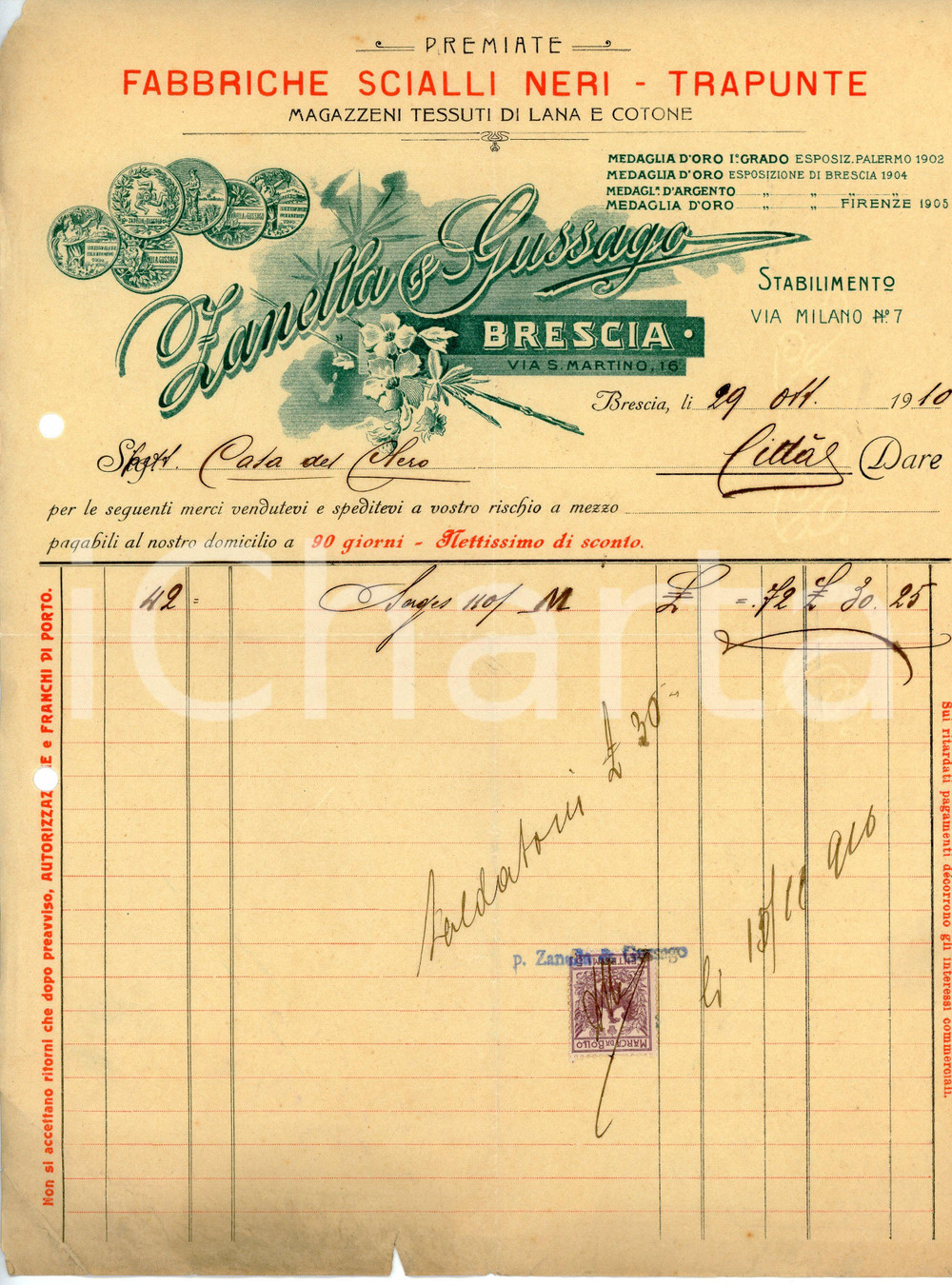 Documento originale, autentico 1910 BRESCIA Fabbriche scialli neri ZANELLA E GUSSAGO Fattura per Casa del Clero 1