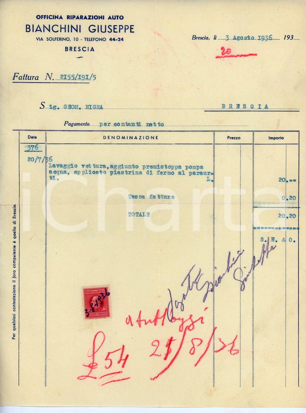 Documento originale, autentico 1936 BRESCIA Officina Giuseppe BIANCHINI Fattura per lavaggio auto  22x28 cm 1
