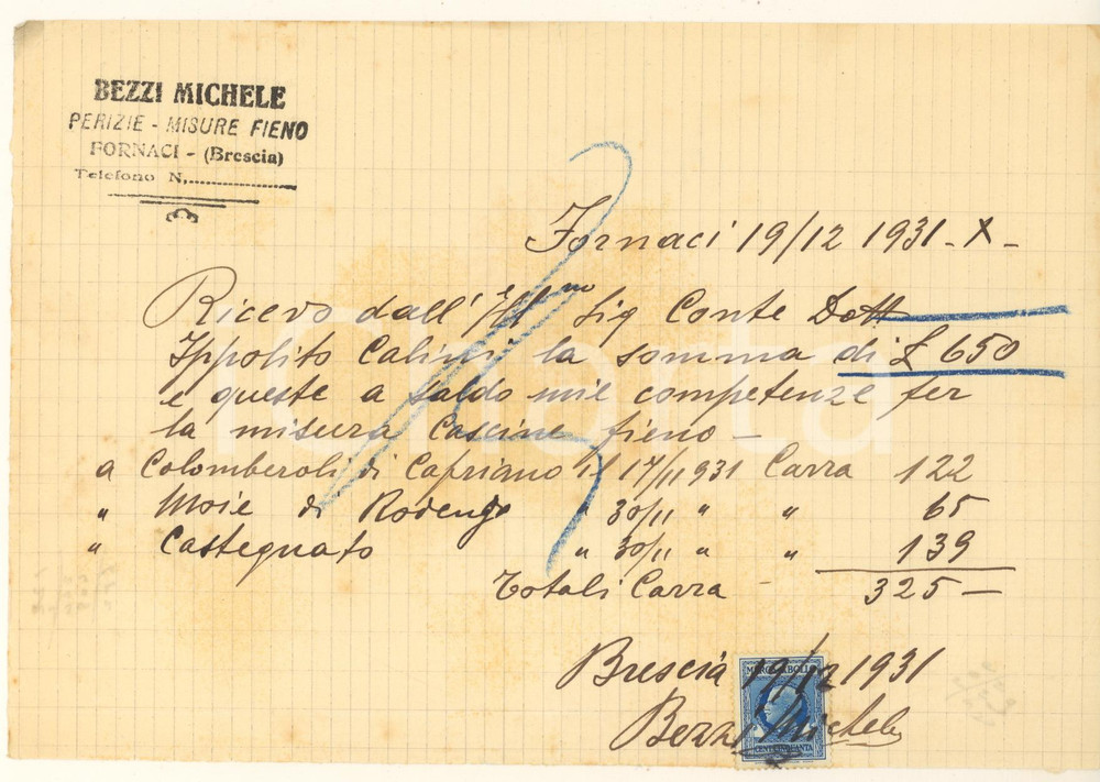 Documento originale, autentico 1931 FORNACI DI BRESCIA Michele BEZZI PerizieMisure fieno  Ricevuta 1