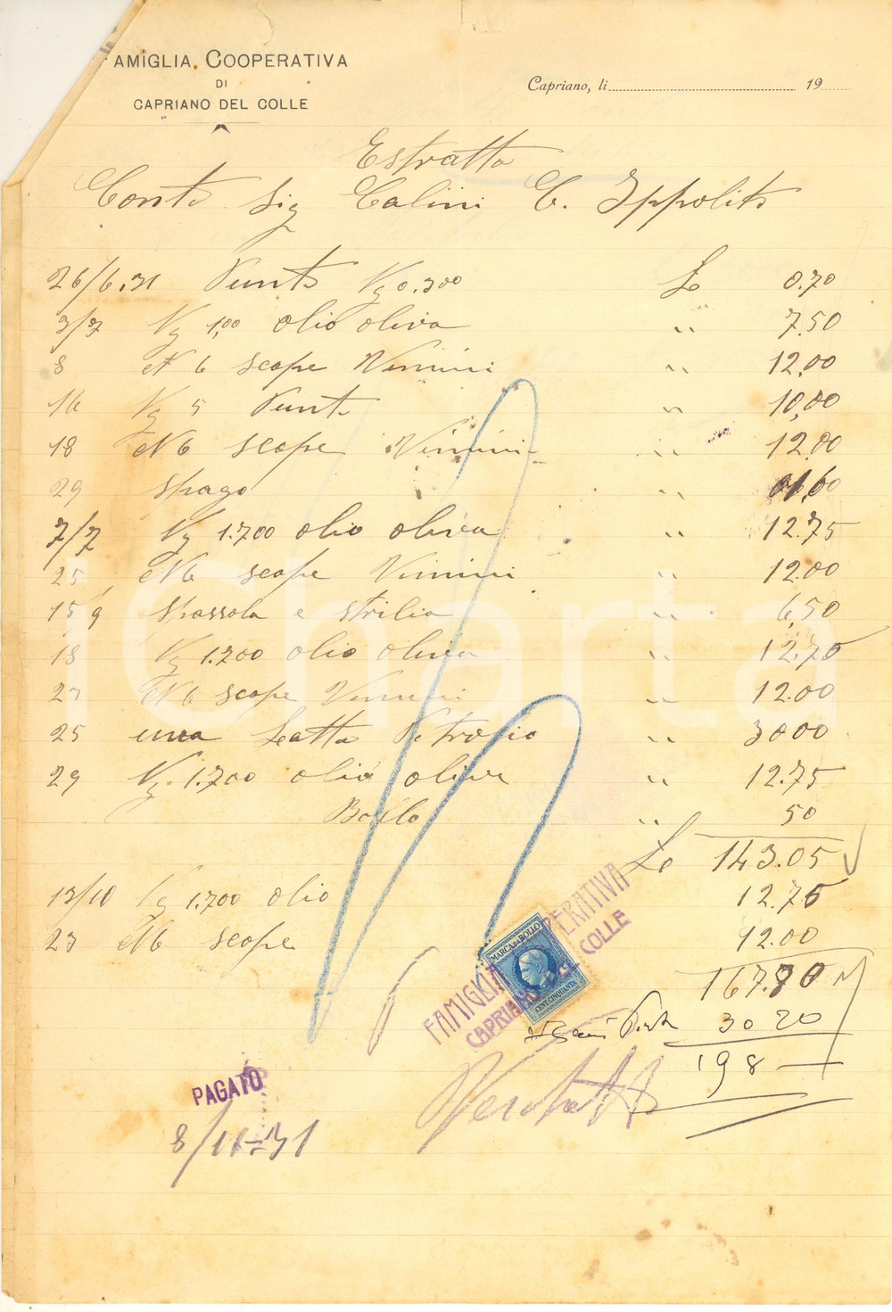 Documento originale, autentico 1931 CAPRIANO DEL COLLE  Famiglia Cooperativa  Estratto conto manoscritto 1