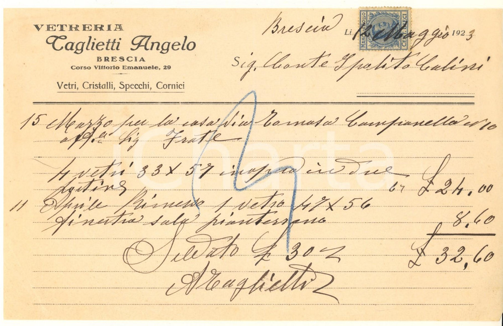 Documento originale, autentico 1923 BRESCIA Vetreria TAGLIETTI Angelo  Fattura manoscritta 1
