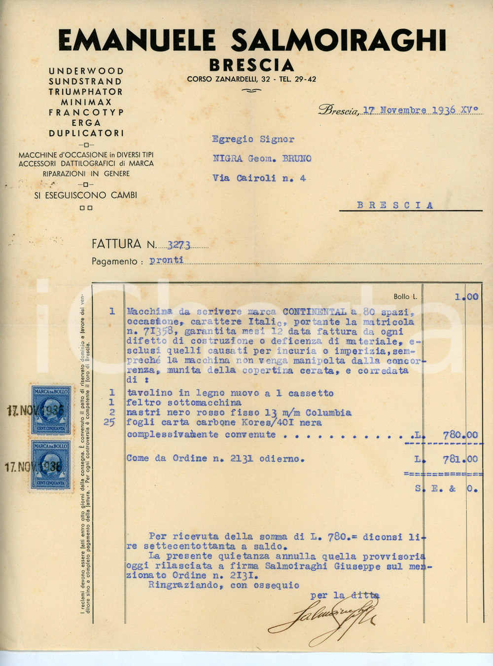 Documento originale, autentico 1936 BRESCIA Emanuele SALMOIRAGHI Fattura per macchina da scrivere CONTINENTAL 1