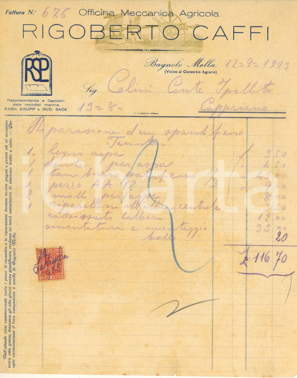 Documento originale, autentico 1923 BAGNOLO MELLA Officina Meccanica Agricola Rigoberto CAFFI  Fattura 1 1
