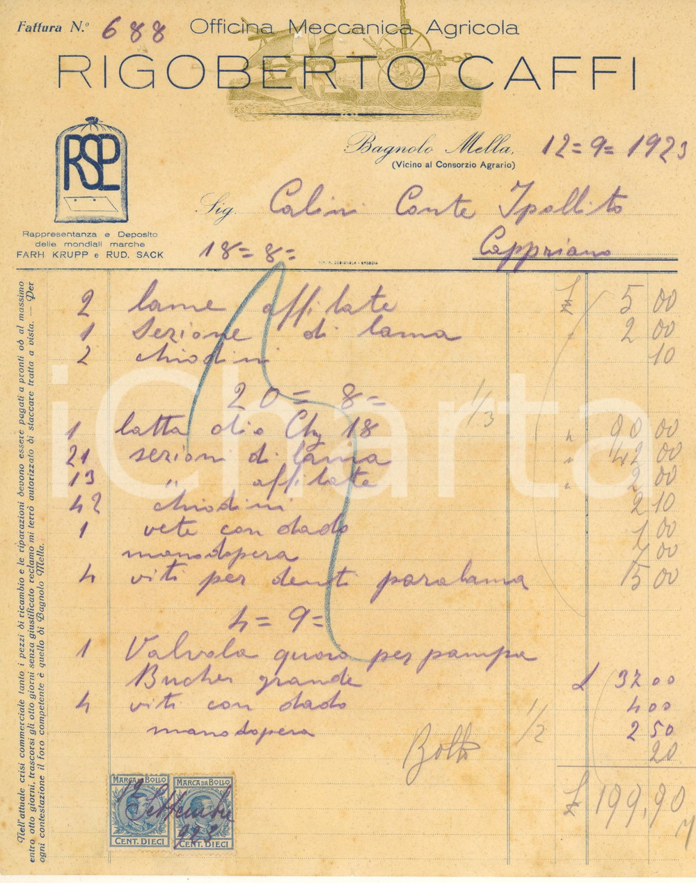 Documento originale, autentico 1923 BAGNOLO MELLA Officina Meccanica Agricola Rigoberto CAFFI  Fattura 2 1