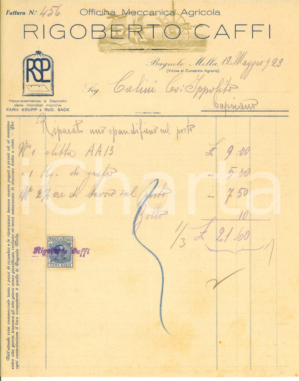 1923 BAGNOLO MELLA Officina Meccanica Agricola Rigoberto CAFFI - Fattura (3) Fattura manoscritta, originale d'epoca, su carta intestata.PAGINE: 1 CONDIZIONI:FAIR/discreto piegature d'epoca; piccoli fori al lato superioreFORMATO: 21x27 cm originale e autentica 1