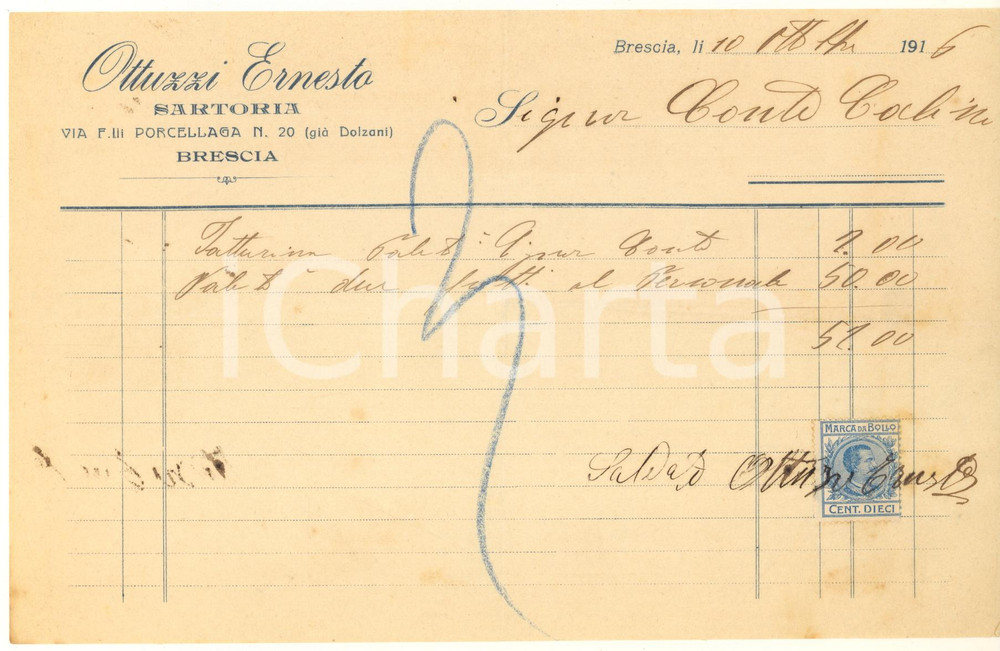Documento originale, autentico 1916 BRESCIA Via F.lli Porcellaga 20  Ernesto OTTUZZI Sartoria Fattura 1