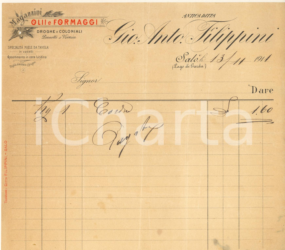 Documento originale, autentico 1911 SALO  Ditta Gio. Anto. FILIPPINI  Magazzini olii e formaggi Fattura 1