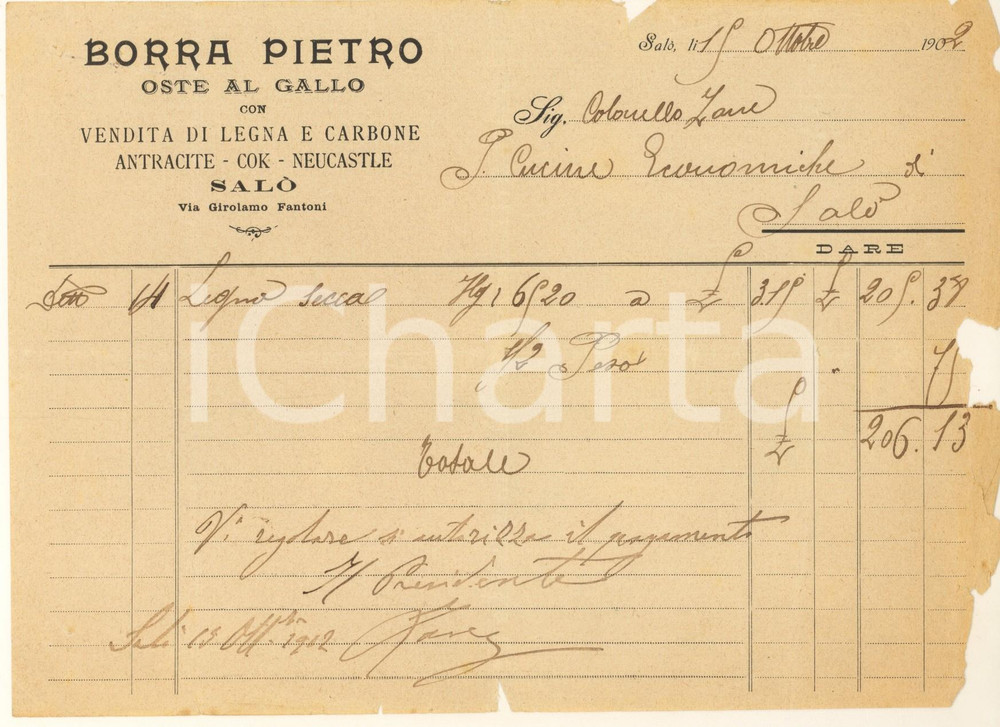 Documento originale, autentico 1902 SALO  BS BORRA Pietro  Oste al Gallo con vendita legna Fattura 1