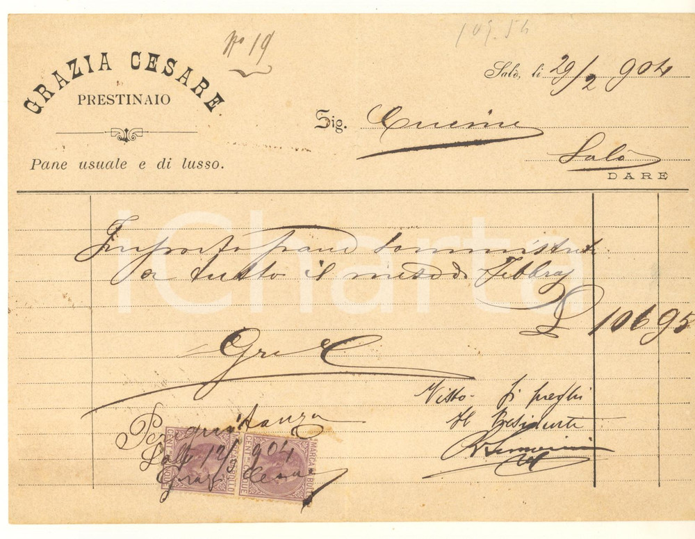 Documento originale, autentico 1904 SALO  BS Cesare GRAZIA prestinaio  Pane usuale e di lusso Fattura 1