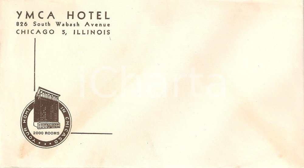 Materiale pubblicitario d’epoca 1950 ca CHICAGO Illinois USA Hotel YMCA Busta intestata ILLUSTRATA 1
