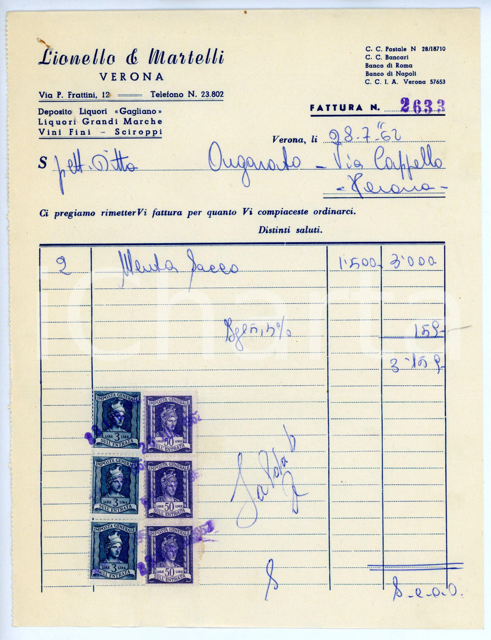 Documento originale, autentico 1962 VERONA Liquori LIONELLI E MARTELLI Fattura per menta  17x22 cm 1