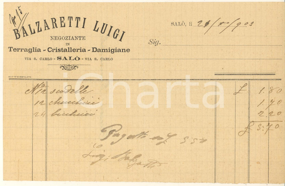 Documento originale, autentico 1903 SALO  BS BALZARETTI Luigi  Negoziante in terraglia Fattura 1