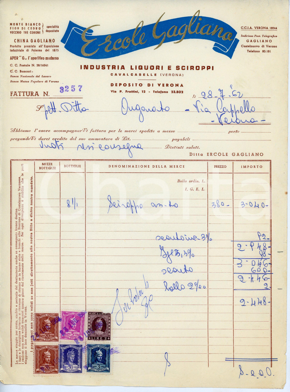 Documento originale, autentico 1962 CAVALCASELLE Liquori Ercole GAGLIANO Fattura per sciroppo  21x29 cm 1