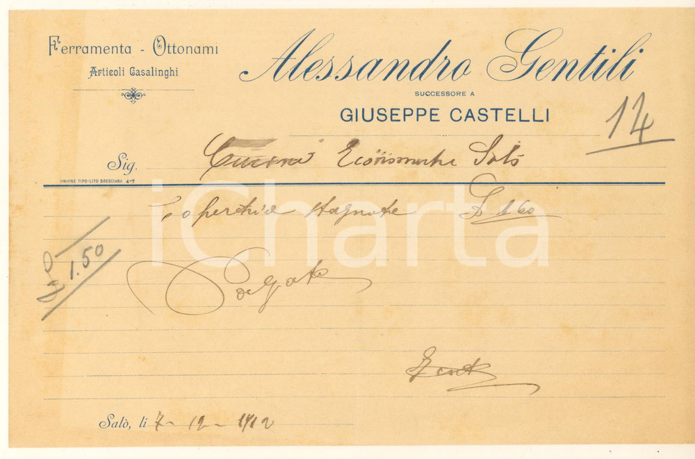 Documento originale, autentico 1912 SALO  BS Alessandro GENTILI Ferramenta  Ottonami  Casalinghi Fattura 1