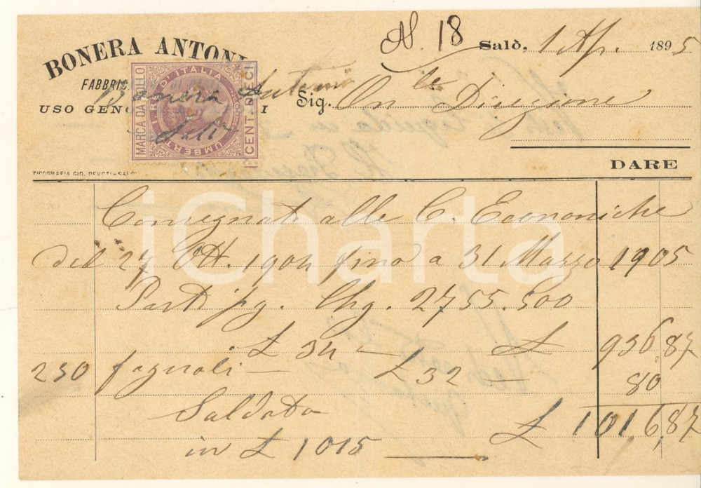Documento originale, autentico 1895 SALO  BS Antonio BONERA Fabbricatore di pasti Fattura intestata 1