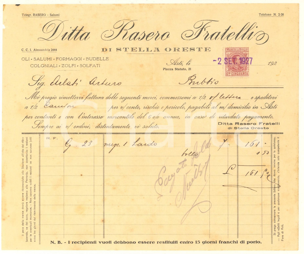 Documento originale, autentico 1927 ASTI Ditta RASERO Fratelli di STELLA Oreste  Oli salumi Fattura intestata 1