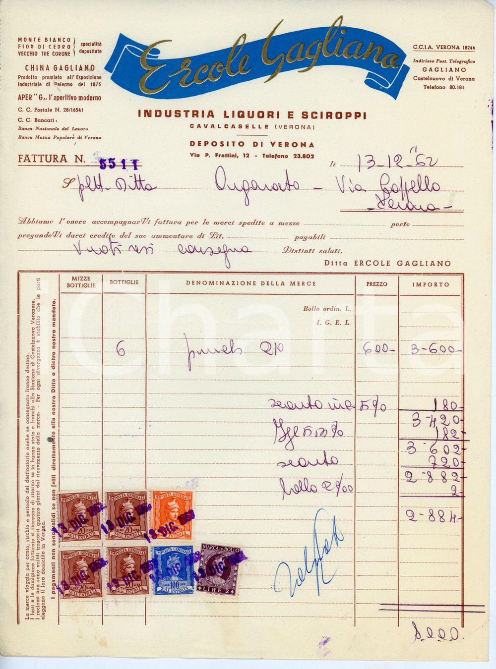 Documento originale, autentico 1962 CAVALCASELLE Liquori Ercole GAGLIANO Fattura  21x29 cm 1
