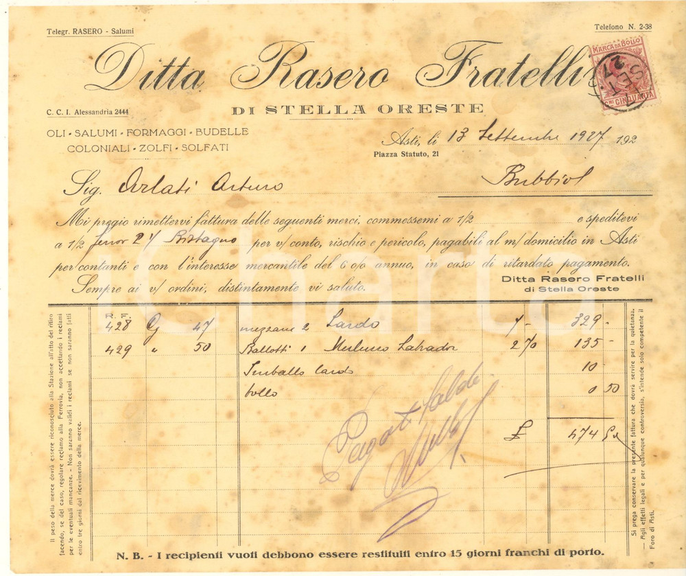 Documento originale, autentico 1927 ASTI Ditta RASERO Fratelli di STELLA Oreste  Oli salumi Fattura intestata 1