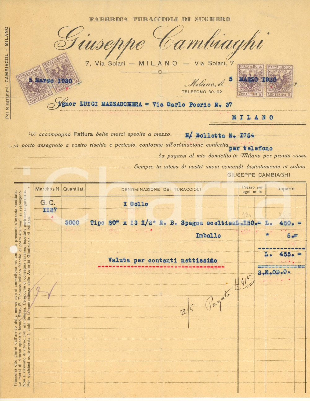 Documento originale, autentico 1920 MILANO Via Solari 7  Giuseppe CAMBIAGHI Fabbrica turaccioli Fattura 1