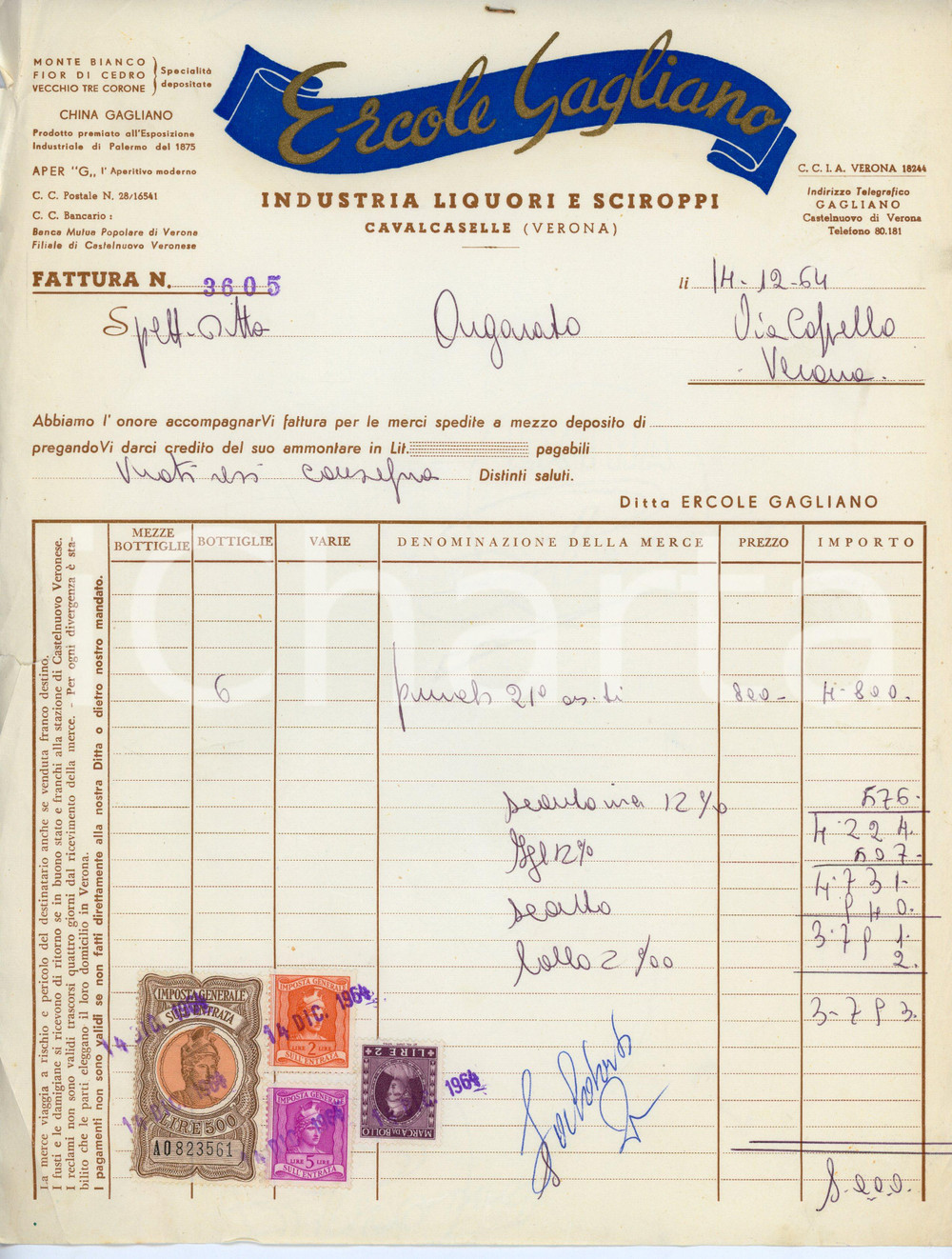 Documento originale, autentico 1962 CAVALCASELLE Liquori Ercole GAGLIANO Fattura  21x29 cm 2 1