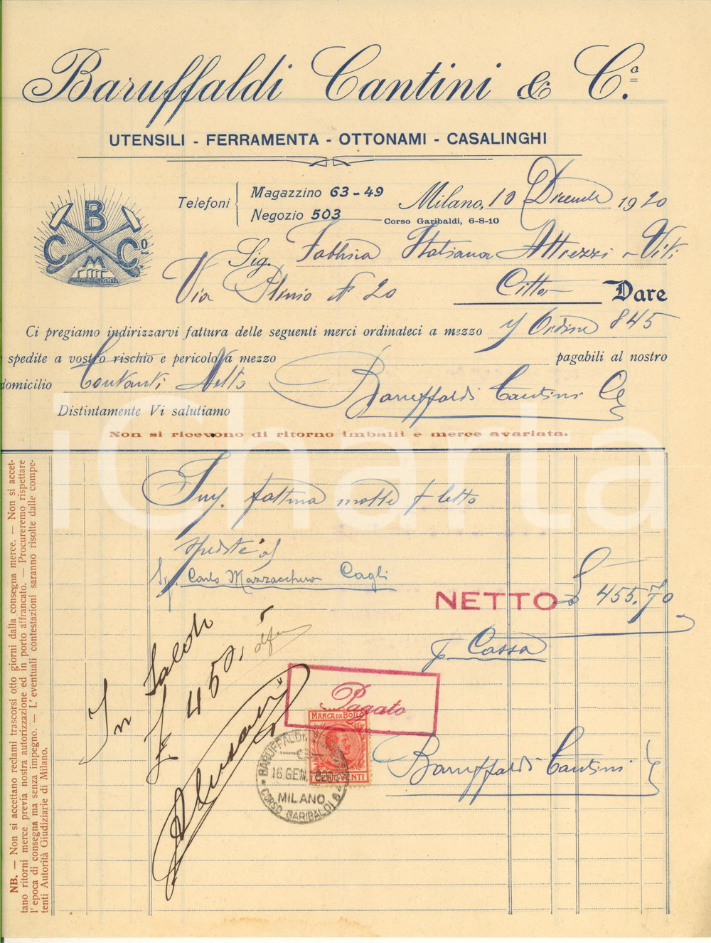 Documento originale, autentico 1920 MILANO Corso Garibaldi  BARUFFALDI CANTINI & C.  Ferramenta  Fattura 1