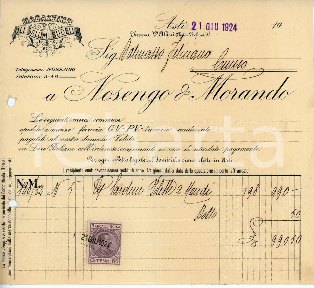 Documento originale, autentico 1924 ASTI Piazza Alfieri 6  Alimentari NOSENGO E MORANDO Fattura  21x20 cm 1