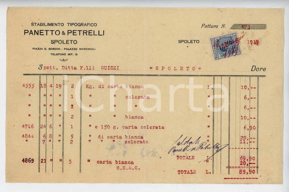 Documento originale, autentico 1919 SPOLETO Stabilimento tipografico PANETTO E PETRELLI Fattura 22x15 cm 1
