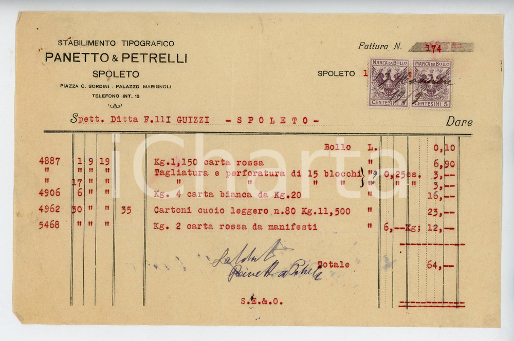 Documento originale, autentico 1919 SPOLETO Stabilimento tipografico PANETTO E PETRELLI Fattura 22x15 cm 1 1