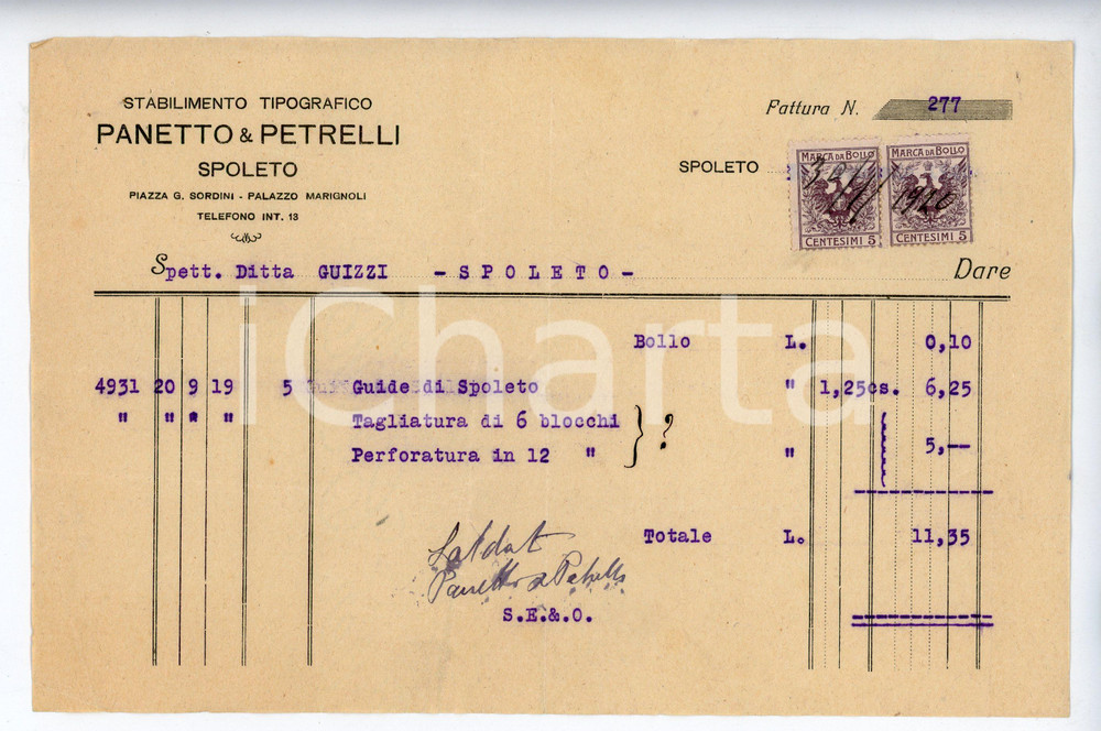 Documento originale, autentico 1920 SPOLETO Stab. tip. PANETTO E PETRELLI Fattura guide turistiche di SPOLETO 1