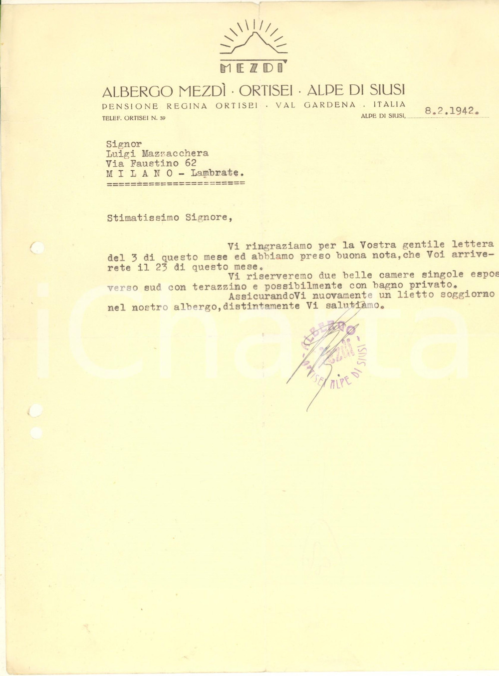 Documento originale, autentico 1942 ALPE DI SIUSI  Albergo MEZDI  Pensione REGINA ORTISEI  Lettera commerciale 1