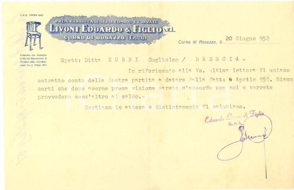 Documento originale, autentico 1952 CORNO DI ROSAZZO  Fabbrica sedie LIVONI Edoardo  Lettera commerciale 1