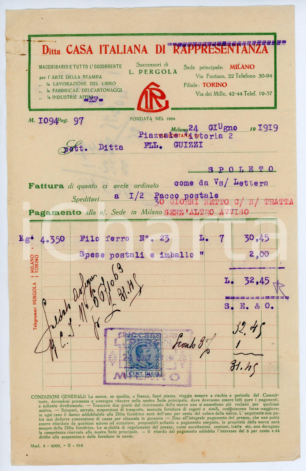 Documento originale, autentico 1919 MILANO Ditta CASA ITALIANA DI RAPPRESENTANZA Fattura 14x23 cm 1