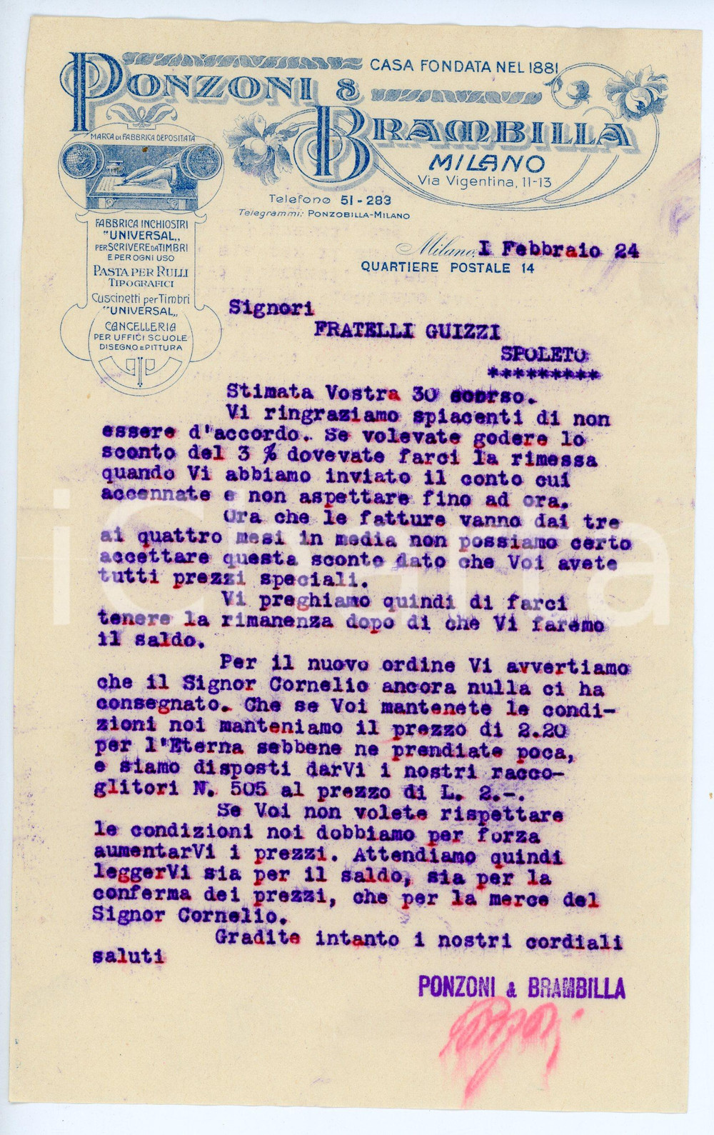 Documento originale, autentico 1924 MILANO Ponzoni e Brambilla  Articoli di cancelleria  Lettera commerciale 1
