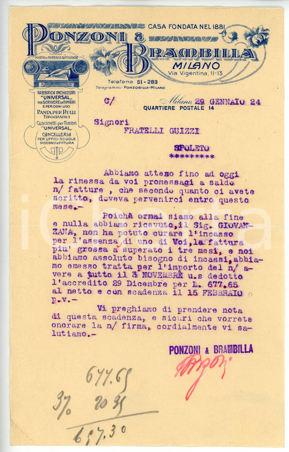 Documento originale, autentico 1924 MILANO Ponzoni e Brambilla  Articoli di cancelleria Lettera commerciale 1 1