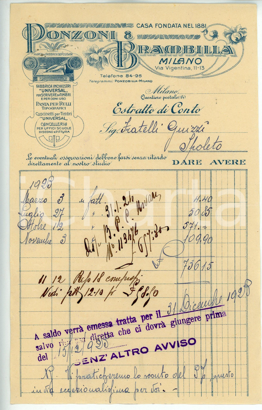 Documento originale, autentico 1923 MILANO Ponzoni e Brambilla  Articoli di cancelleria  Fattura 13x22 cm 1