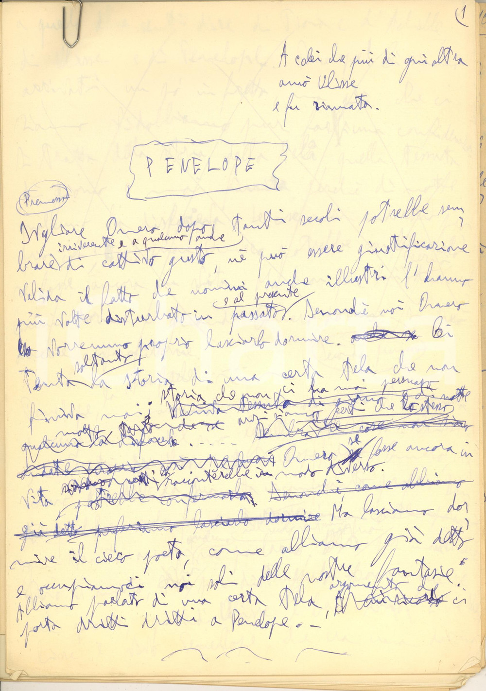 Manoscritto, lettera originale 1950 ca ANONIMO CINEMA Penelope e il segreto di Ulisse Conferenza inedita 1