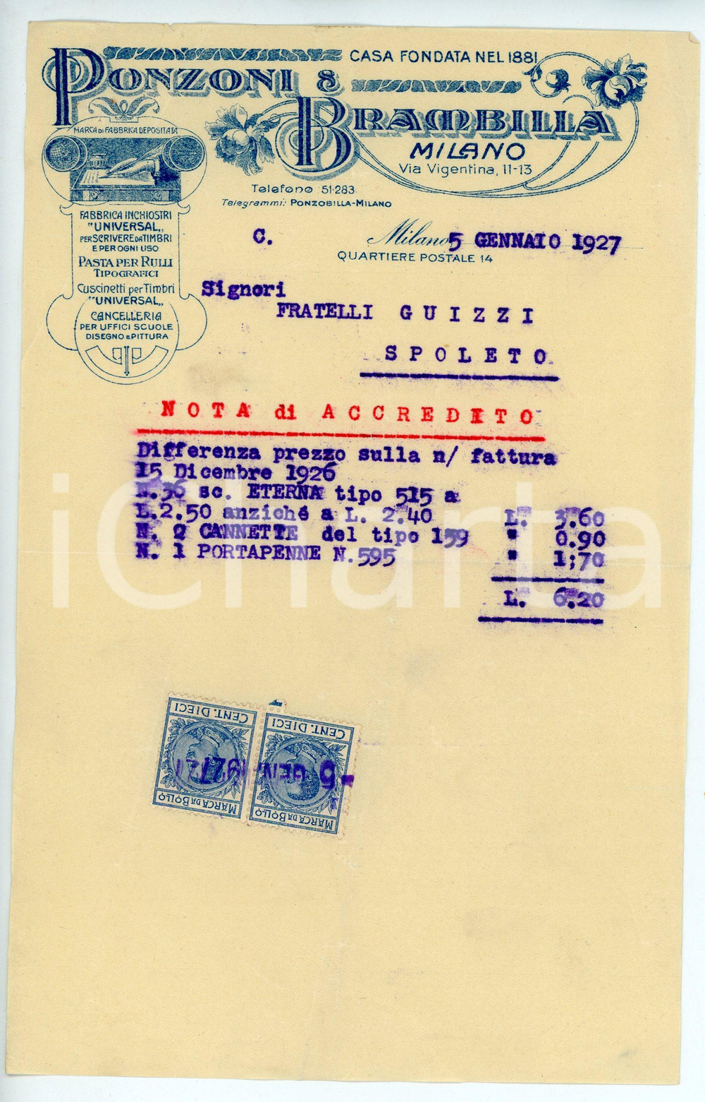 1927 MILANO Ponzoni e Brambilla - Articoli di cancelleria - Nota di accredito Documento d'epoca. CONDIZIONI:FAIR/discreto Piegature centrali d'epocaFORMATO: 13x22 cm originale e autentica 1