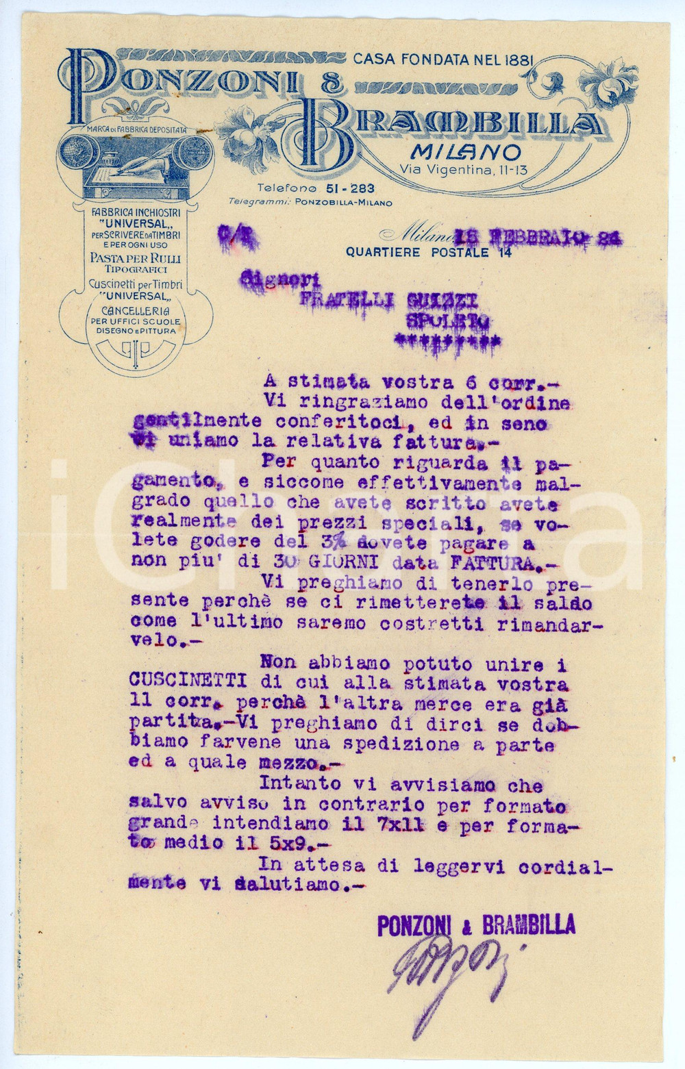 Documento originale, autentico 1924 MILANO Ponzoni e Brambilla  Articoli di cancelleria Lettera commerciale 2 1