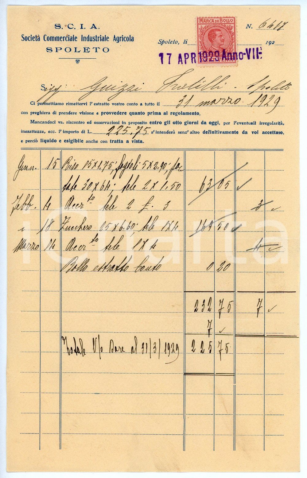 Documento originale, autentico 1929 SPOLETO Società Commerciale Industriale Agricola S.C.I.A. Fattura 14x22 cm 1