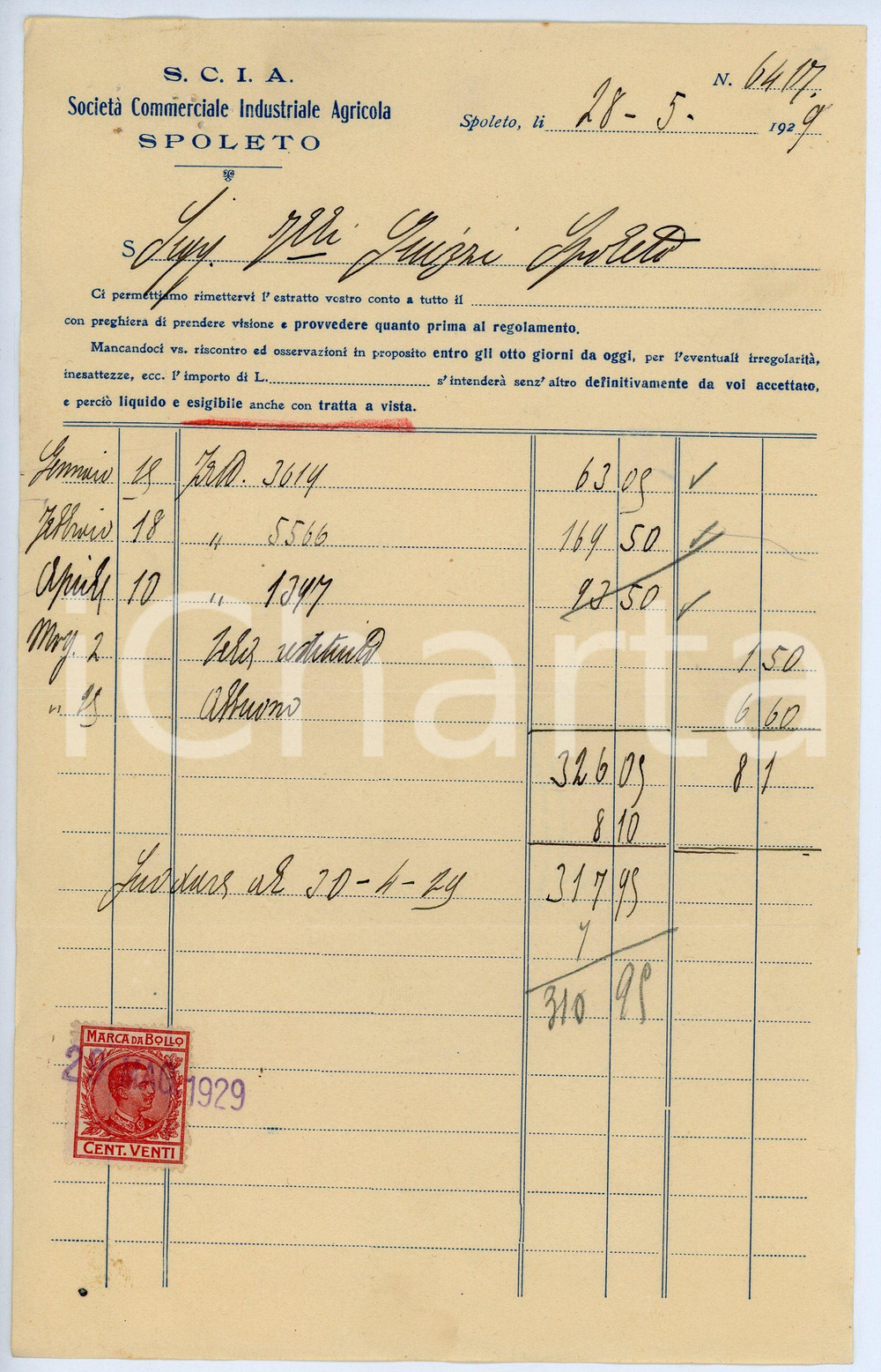 Documento originale, autentico 1929 SPOLETO Società Commerciale Industriale Agricola S.C.I.A. Fattura 1 1