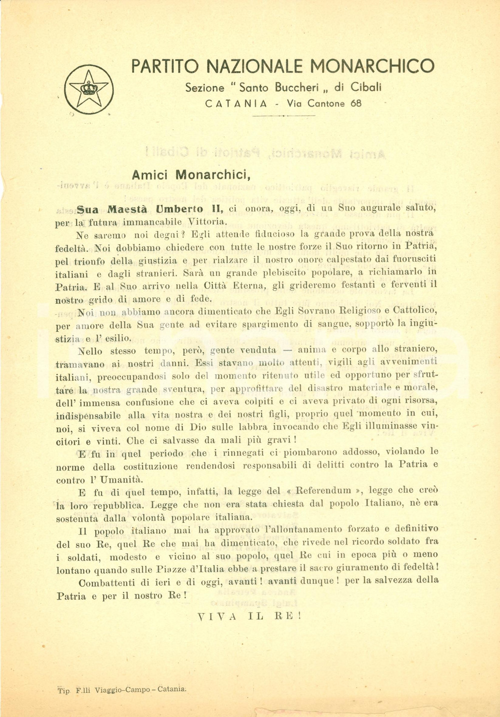 Materiale pubblicitario d’epoca 1948 CATANIA CIBALI Popolo italiano vuole ritorno UMBERTO II Partito monarchico 1