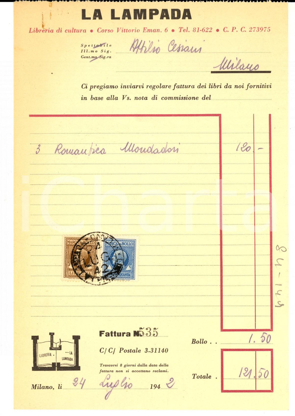 Documento originale, autentico 1942 MILANO LA LAMPADA Libreria di cultura Fattura intestata con bolli 1