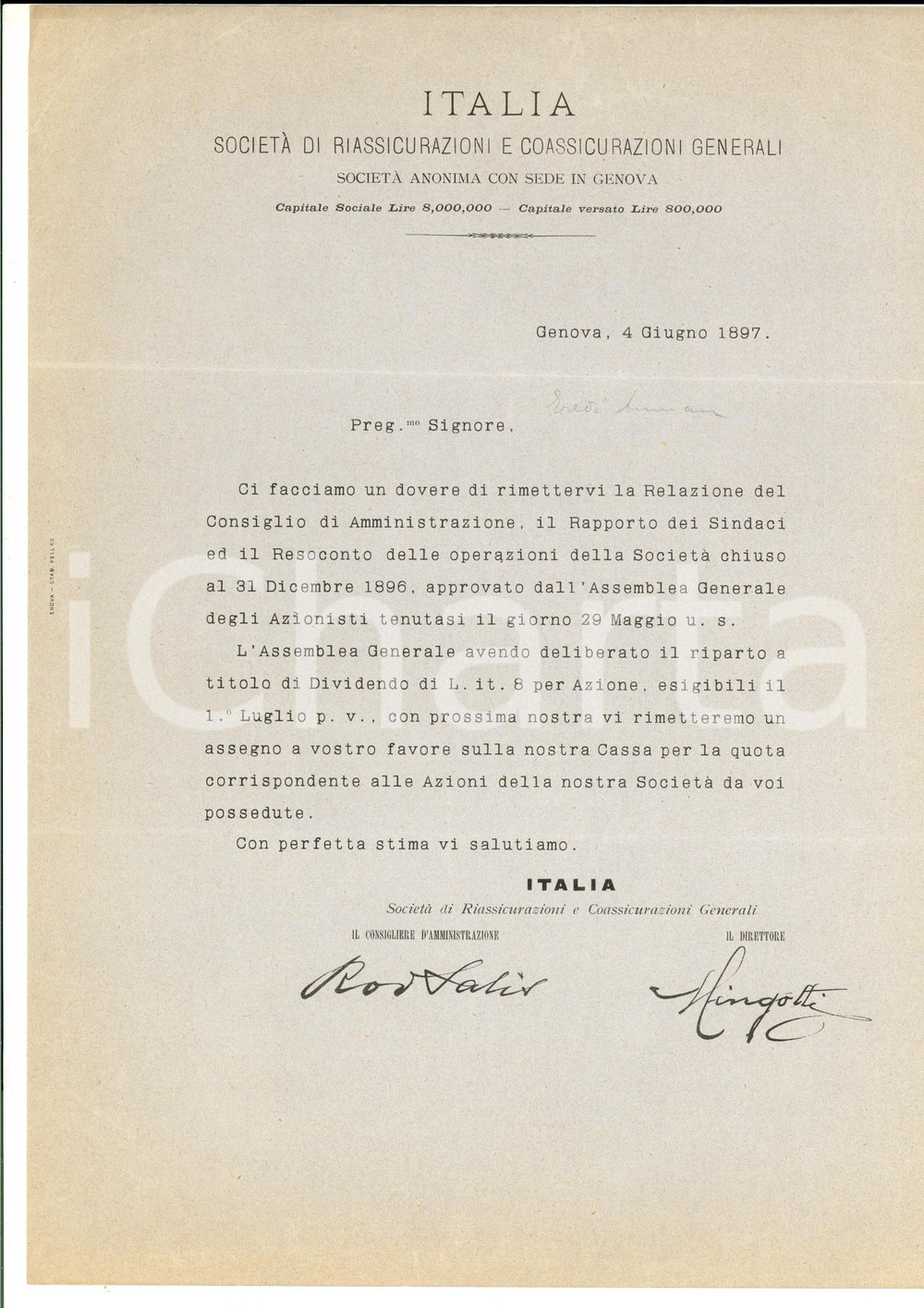 Manoscritto, lettera originale 1897 GENOVA Società Assicurazioni ITALIA Marittime Lettera su dividendi 1