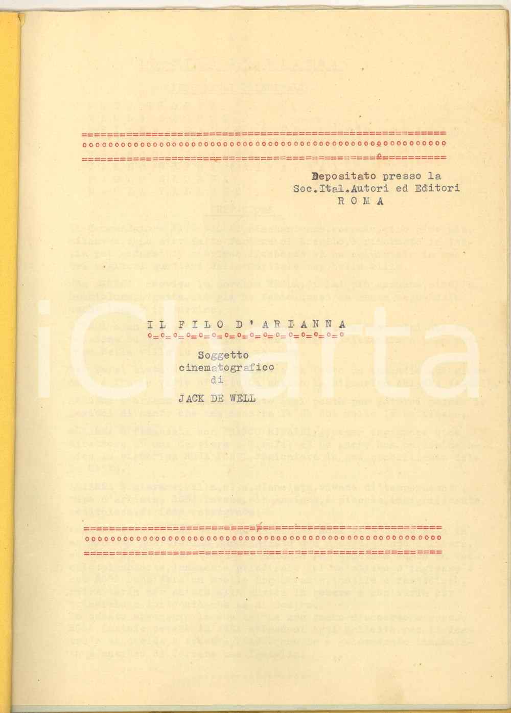 Manoscritto, lettera originale 1950 ca CINEMA Jack DE WELL Soggetto cinematografico  Il filo d Arianna  INEDITO 1