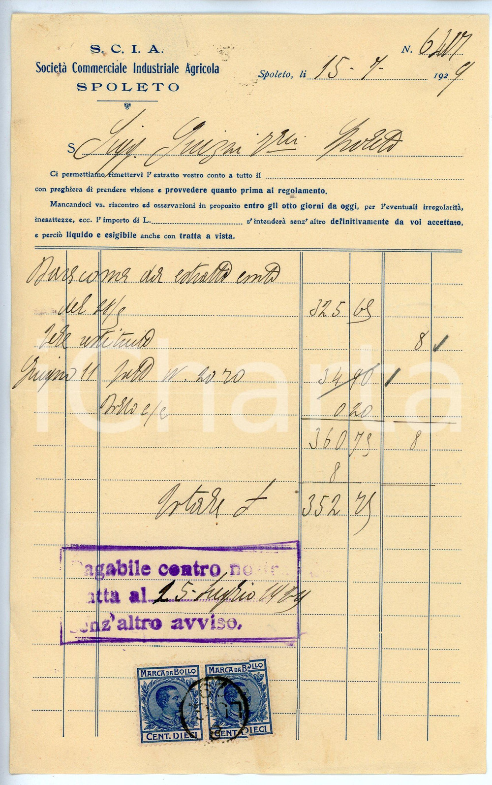 Documento originale, autentico 1929 SPOLETO Società Commerciale Industriale Agricola S.C.I.A. Fattura 2 1