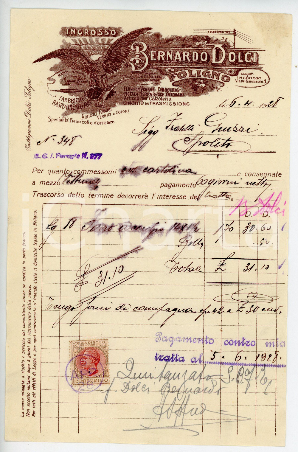 Documento originale, autentico 1928 FOLIGNO Ditta Bernardo DOLCI Ingrosso ferro e metalli  Fattura 14x22 cm 1
