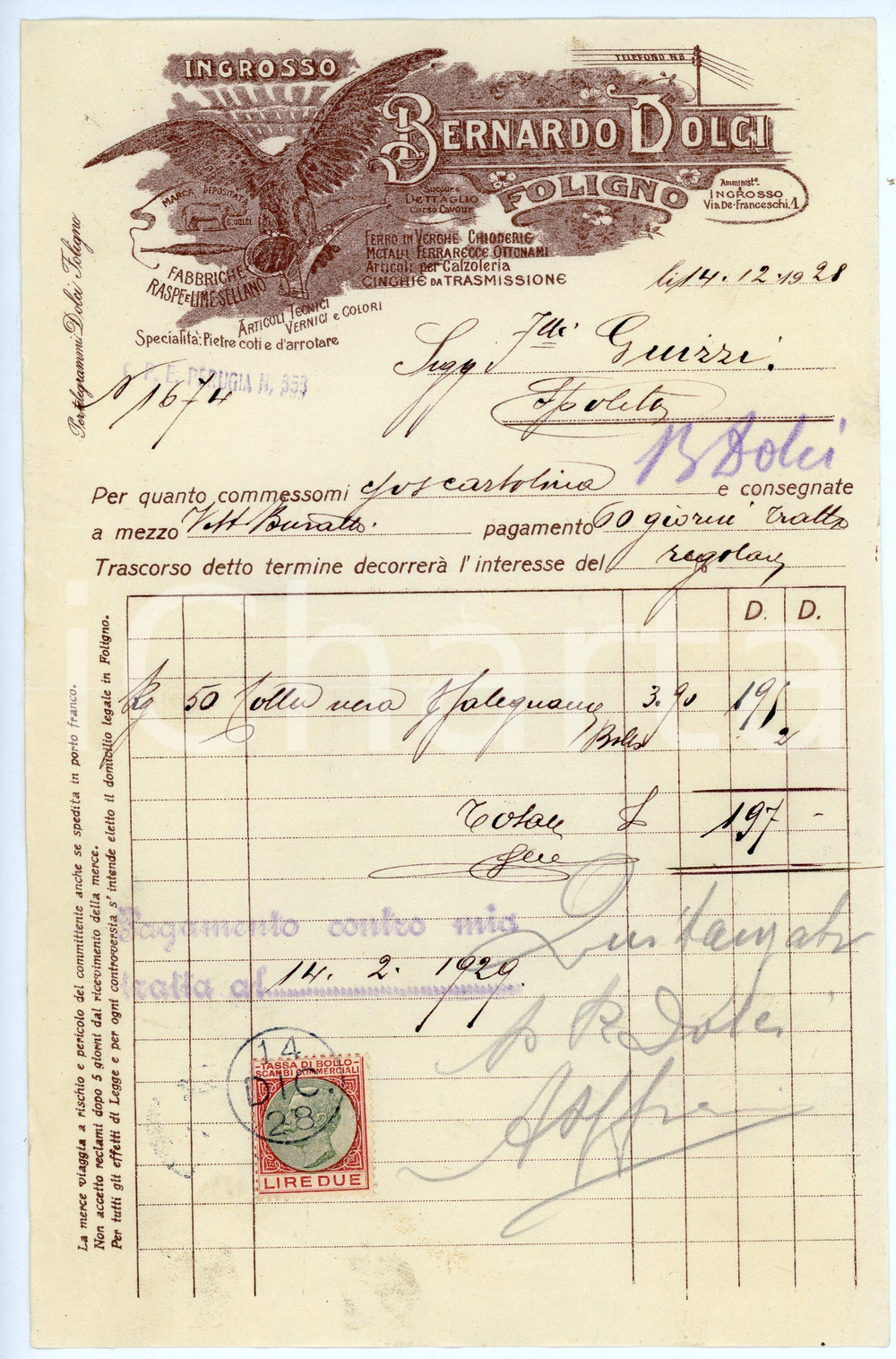 Documento originale, autentico 1928 FOLIGNO Ditta Bernardo DOLCI Ingrosso ferro e metalli  Fattura 14x22 1 1