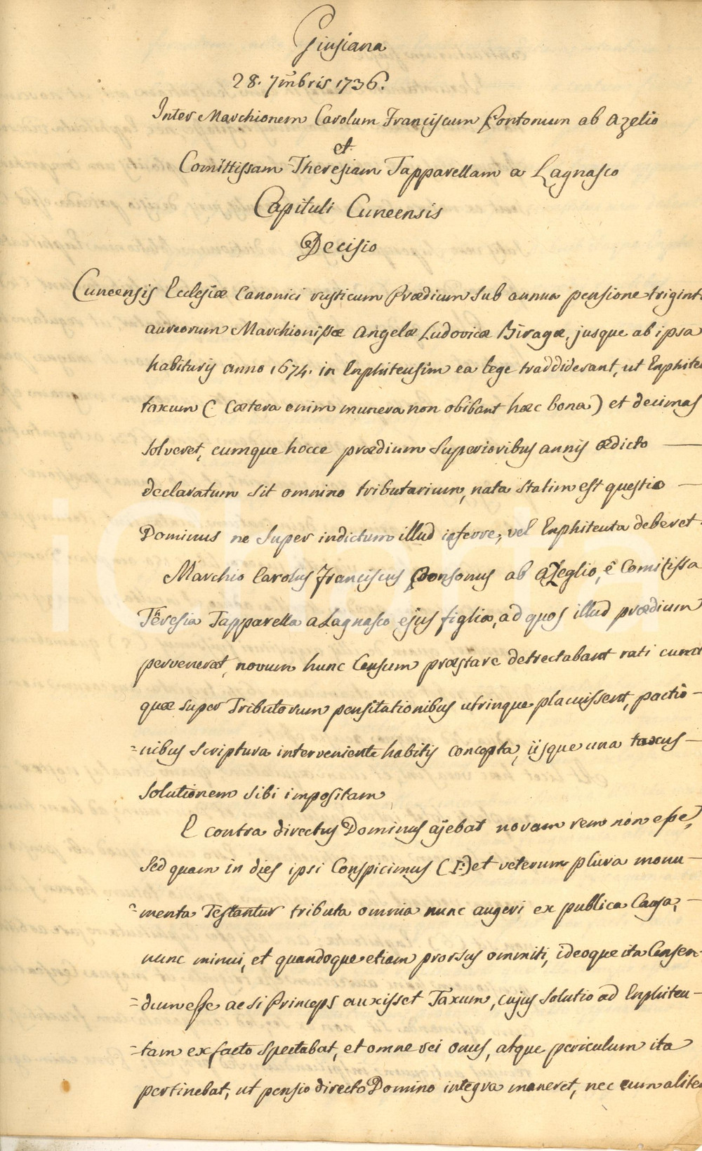 1736 CUNEO Lite Carlo Francesco D'AZEGLIO vs Teresa TAPARELLI *Manoscritto Documento manoscritto, originale d'epoca, contenente il testo della sentenza nella lite interna alla famiglia dei marchesi Taparelli D'Azeglio per un contratto di enfiteusi su un fondo dell'area cuneese.PAGINE: 8 (3 bianche) CONDIZIONI:FAIR/discreto piegature d'epoca; piccola mancanza angolareFORMATO: 24x35 cm originale e autentica 1