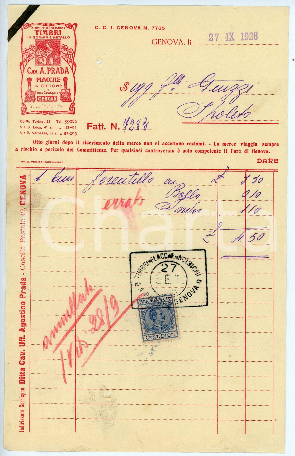 Documento originale, autentico 1928 GENOVA Stabilimento di incisioni Cav. A. PRADA Timbri  Fattura 14x23 cm 1